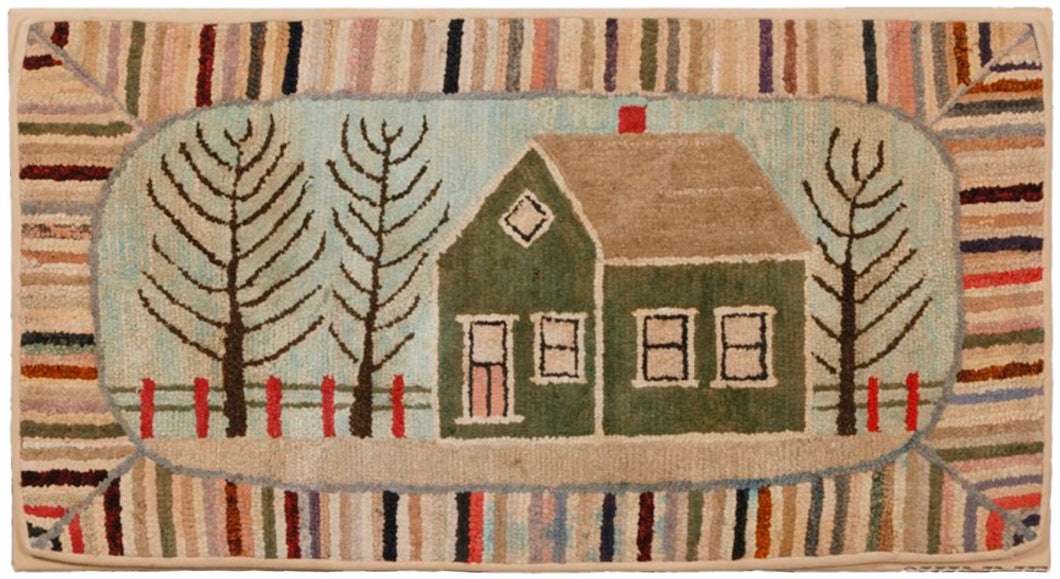 Fenced House in Winter with Striped Border (#411)